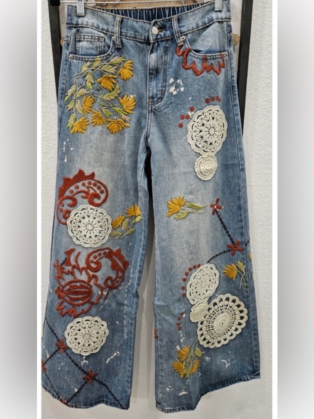 Oli & Hali Blue Denim Wide Leg Jeans with White Crochet & Mustard Embroidery - Picture 5 of 7